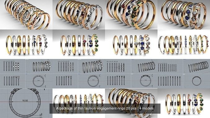 A package of thin fashion engagement rings 20 pcs 3D Model Collection