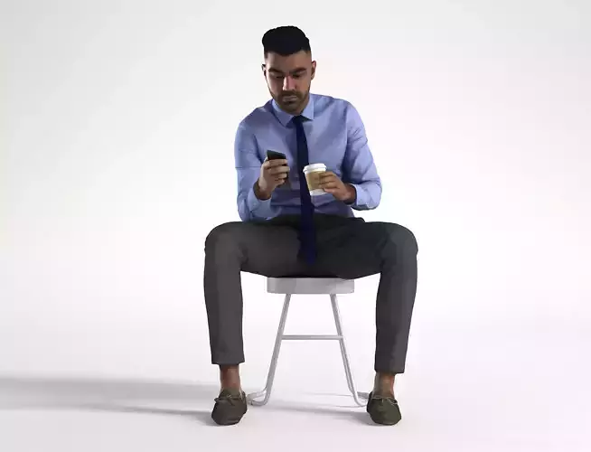 Man Business Sitting with Phone and Coffee Low poly Inder 1234