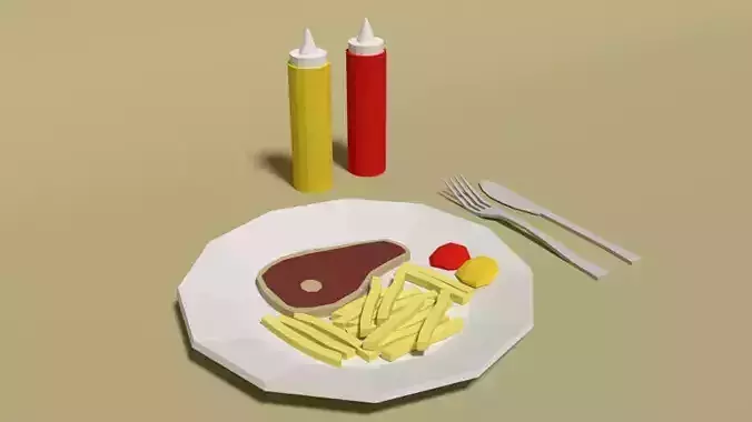 Low Poly Cartoon Steak Meal