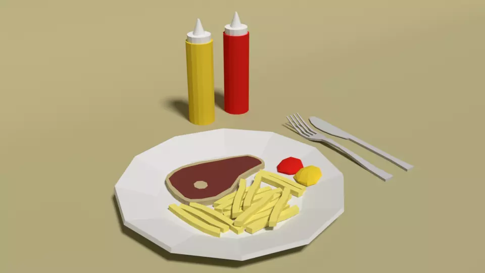 Low Poly Cartoon Steak Meal Low-poly 3D model
