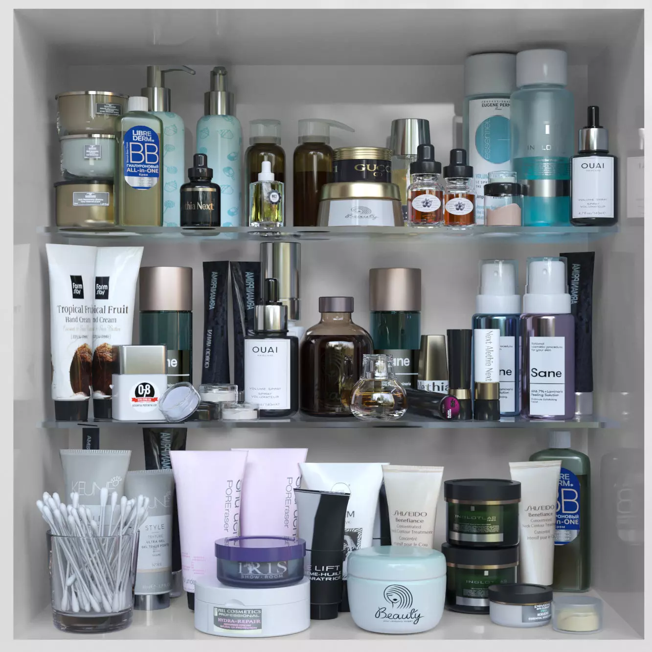 A large set of cosmetics on the shelves 3D model_0