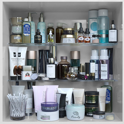 A large set of cosmetics on the shelves 3D model