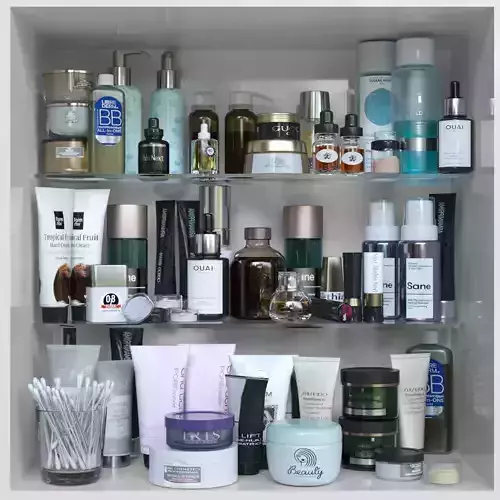 A large set of cosmetics on the shelves 3D model