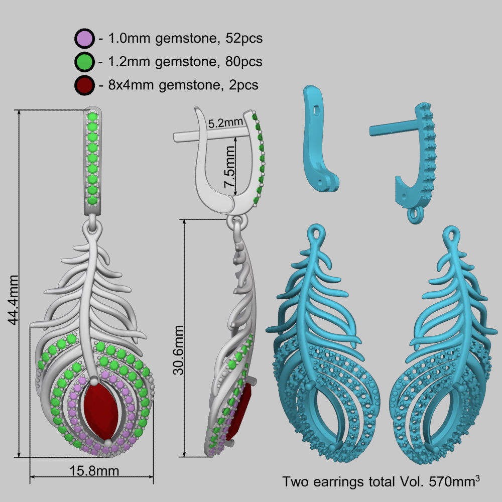 Beautiful Feather Ruby Marquise  Earrings 3D print model_18