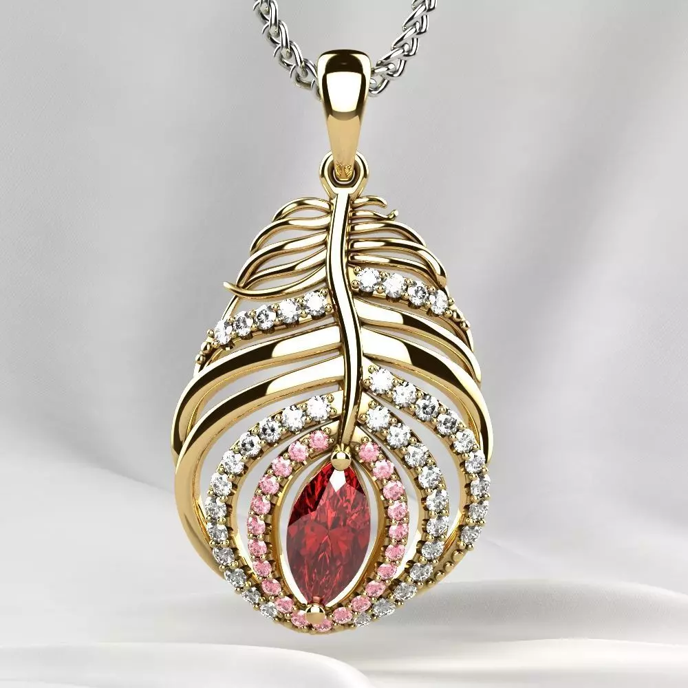 Feather Ruby Marquise Gold Pendant 3D print model_0