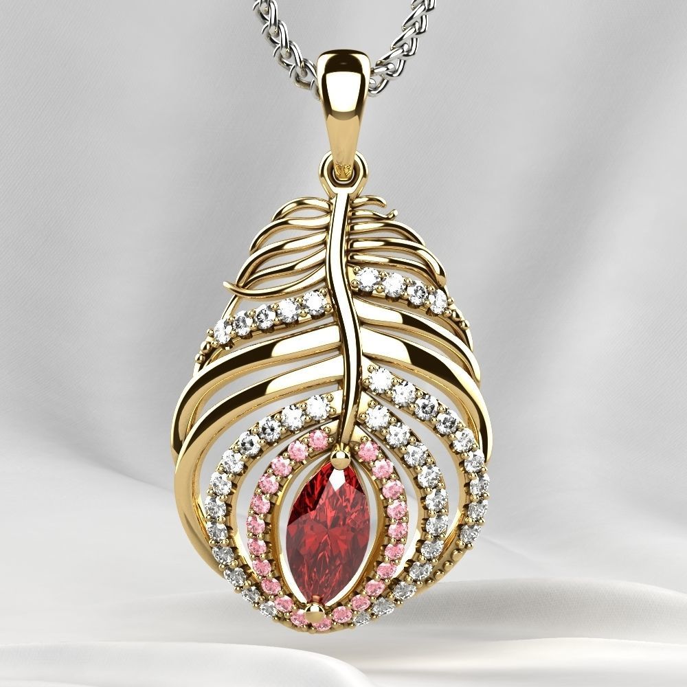 Feather Ruby Marquise Gold Pendant 3D print model_1