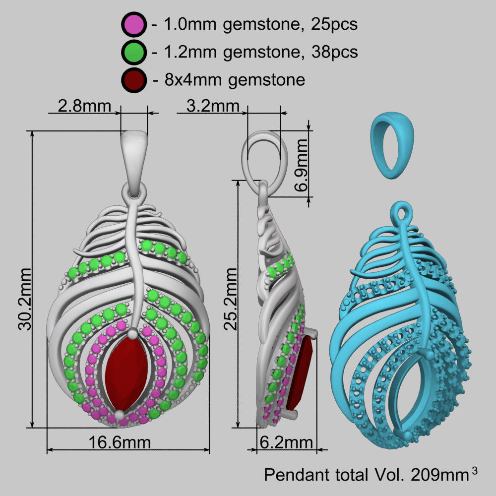Feather Ruby Marquise Gold Pendant 3D print model_18