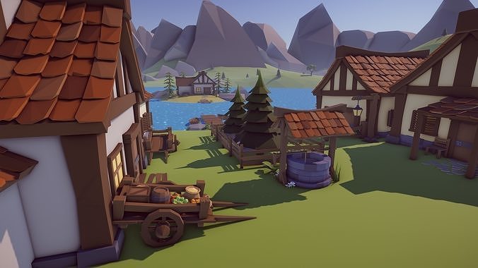 Low Poly Medieval Village  Low-poly 3D model 3