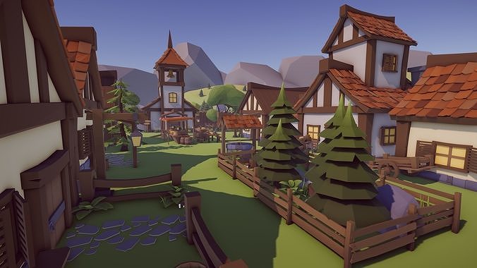 Low Poly Medieval Village  Low-poly 3D model 4