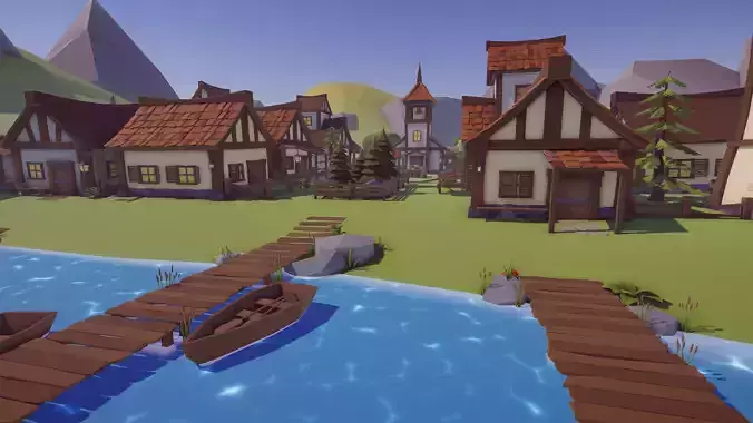 Low Poly Medieval Village  Low-poly 3D model