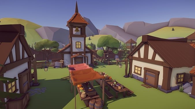 Low Poly Medieval Village  Low-poly 3D model 5