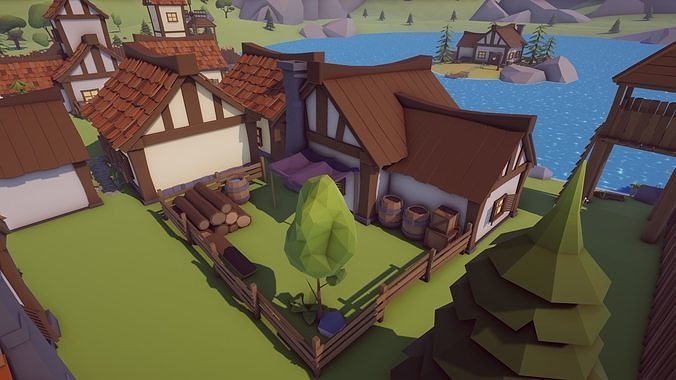 Low Poly Medieval Village  Low-poly 3D model 6