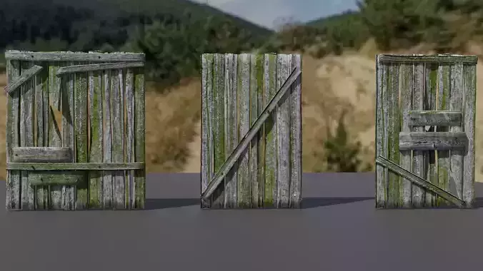 Old Wooden Mossy Planks Fence Walls - 3 versions Low Poly