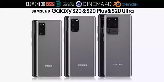 Samsung Galaxy S20 and S20 Plus and S20 5G Ultra black and gray 3D model