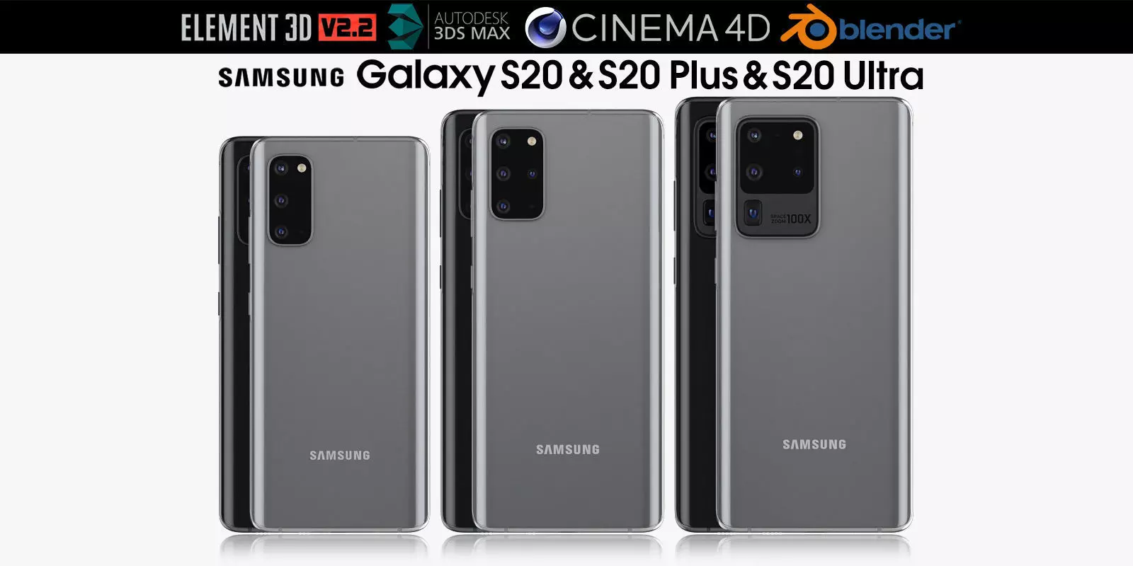 Samsung Galaxy S20 and S20 Plus and S20 5G Ultra black and gray 3D model_0