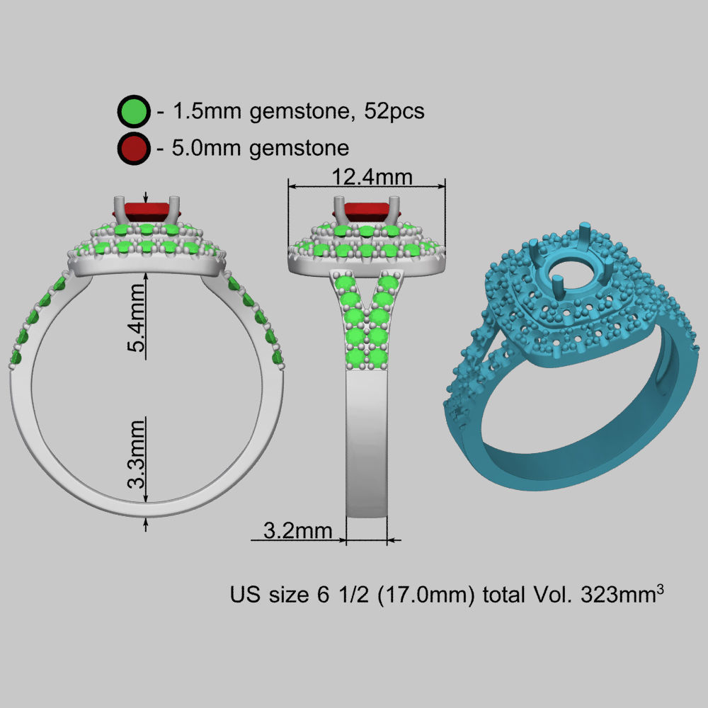 Cushion Shape Gold Ring 3D print model_19