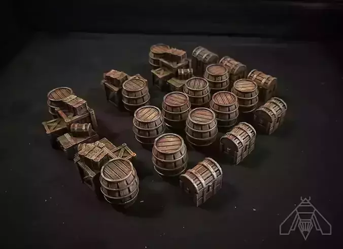 Wooden Crate And Barrel Scatter Set 3D print model