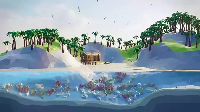 Atoll beach scene Low-poly 3D model