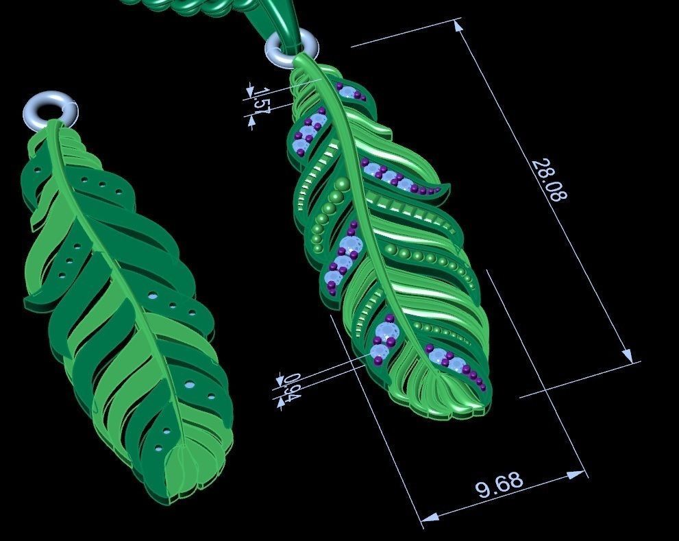 pendant feather with stones 3D print model_6