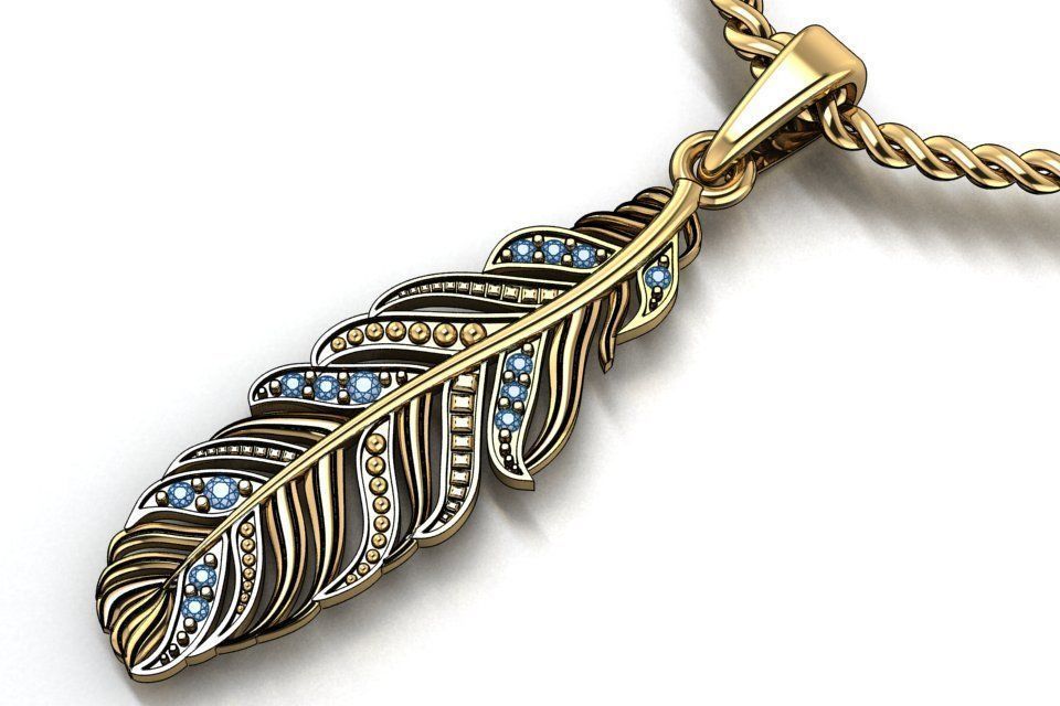 pendant feather with stones 3D print model_3
