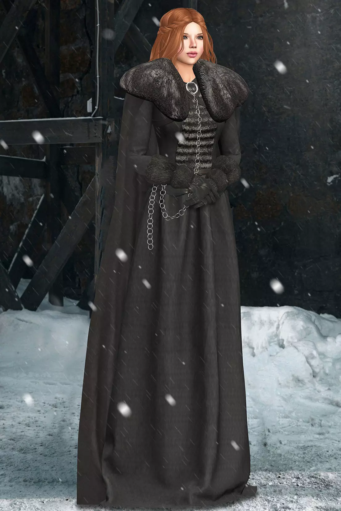 Medieval Cape Top Coat Skirt Gloves Outfit Low-poly 3D model