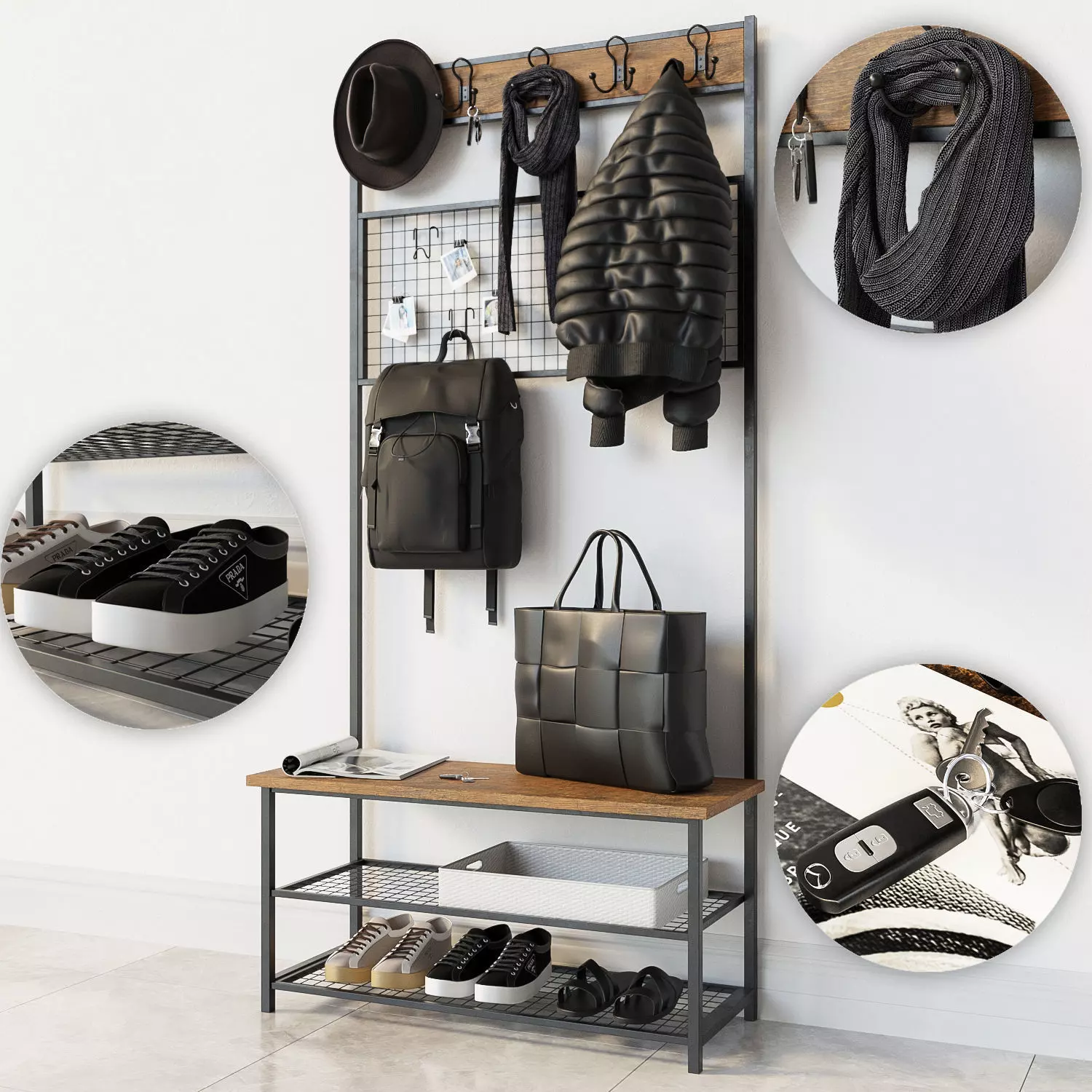 Hallway Industrial Shoe Rack Bench 3D model