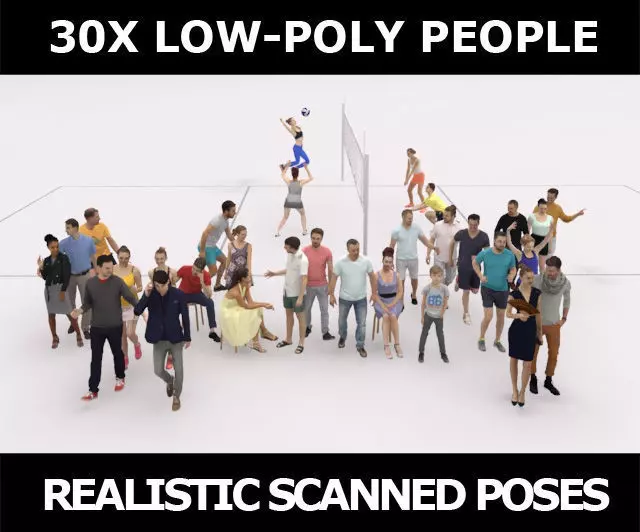 30x PEOPLE SPORT SUMMER CASUAL PEOPLE CROWD Low-poly 3D model