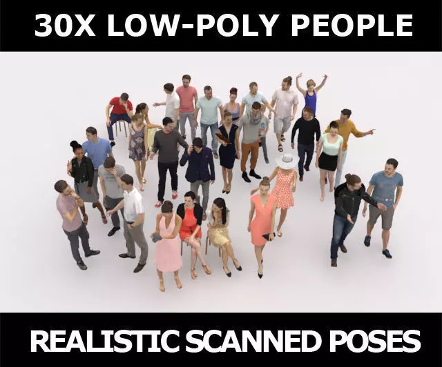 30x MAN WOMAN SUMMER CASUAL PEOPLE SITTING WOMAN CROWDS Low-poly 3D model