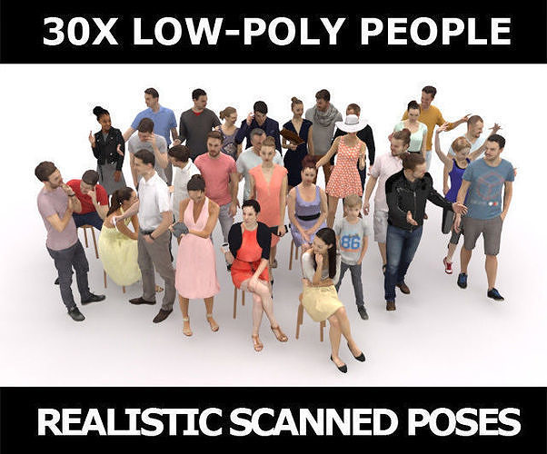 30x MAN WOMAN  SUMMER PEOPLE VOL01 VOL02 CROWD Low-poly 3D model