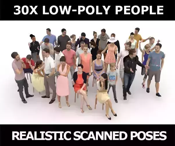 30x MAN WOMAN  SUMMER PEOPLE VOL01 VOL02 CROWD Low-poly 3D model