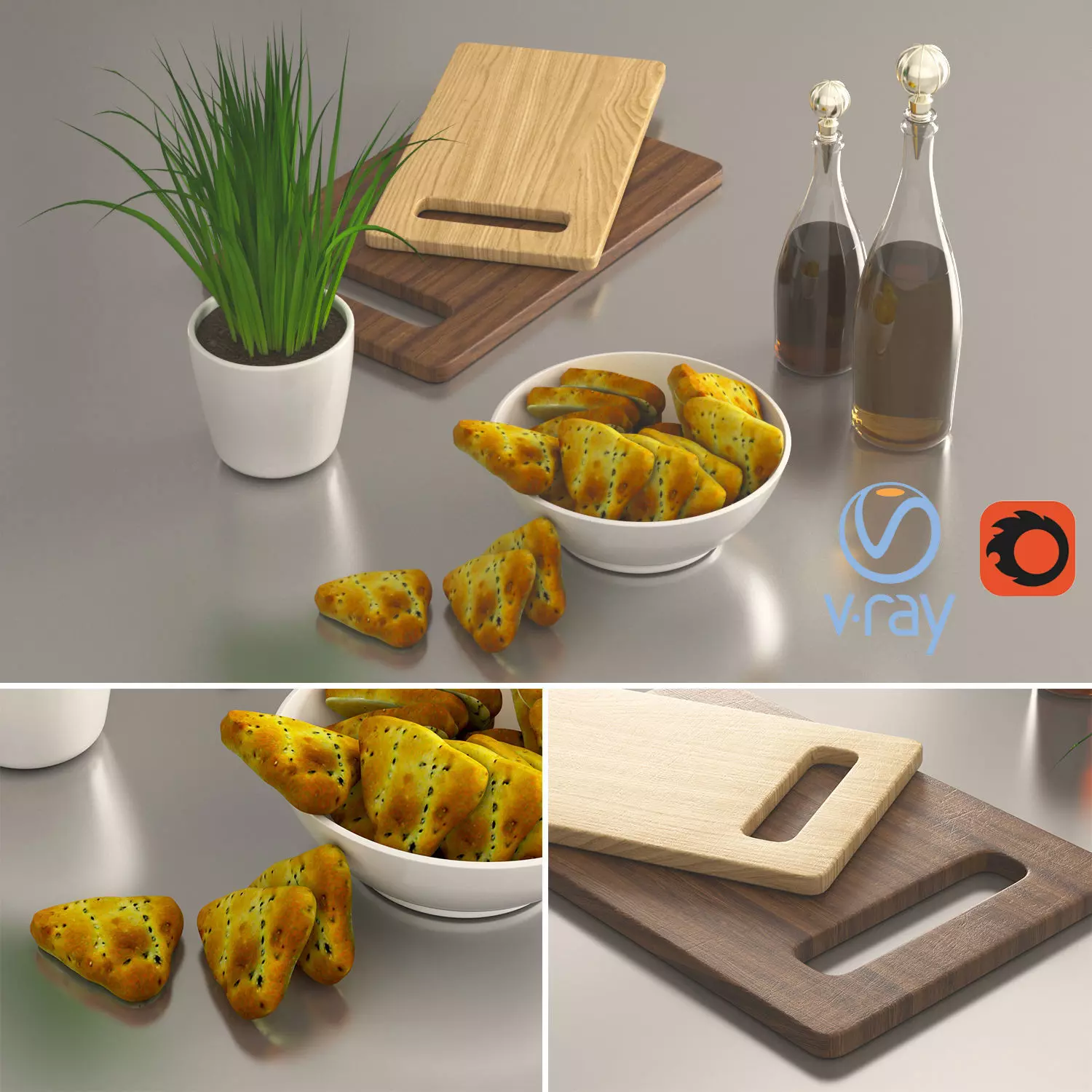 kitchen set 1 wooden cutting board with food Free 3D model