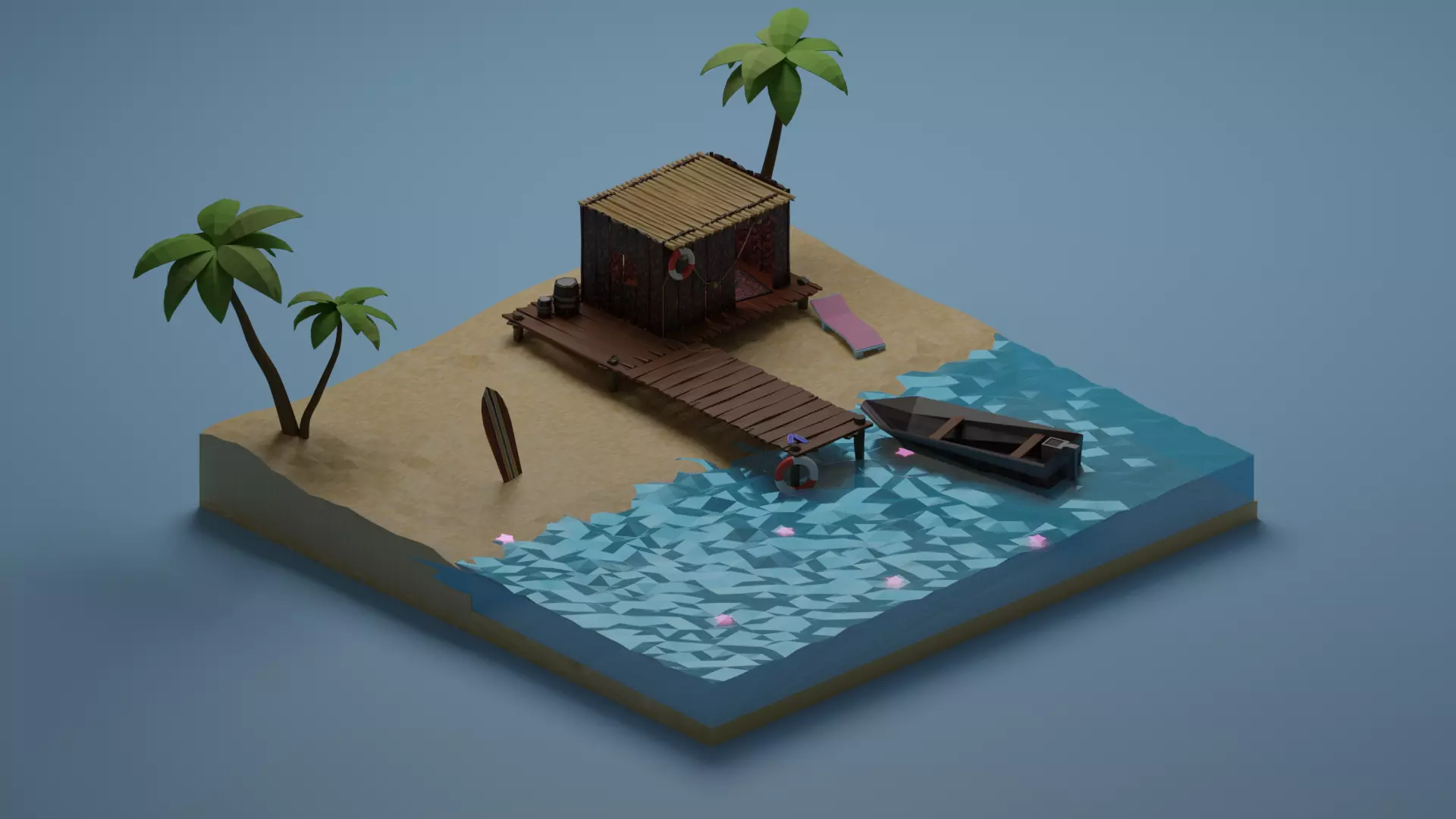 Low Poly Beach island with palm trees and boat Low-poly 3D model_0