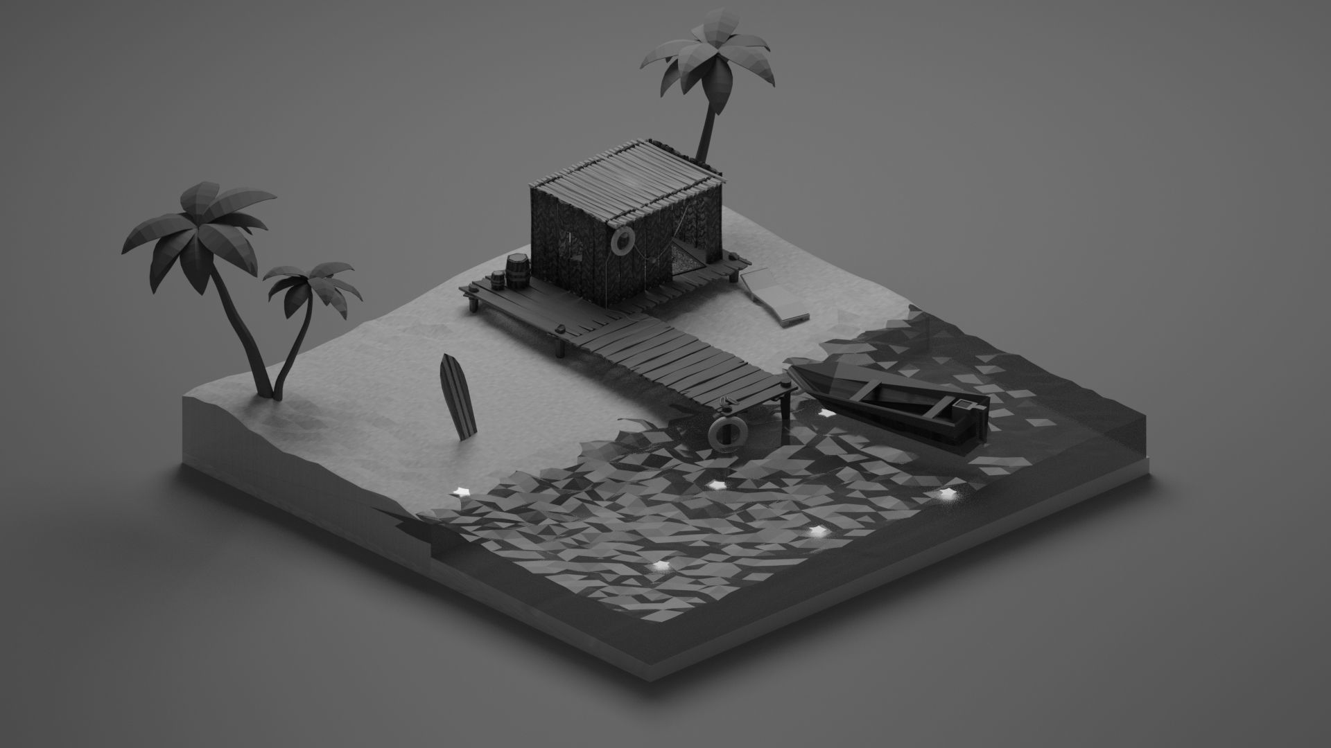 Low Poly Beach island with palm trees and boat Low-poly 3D model_1
