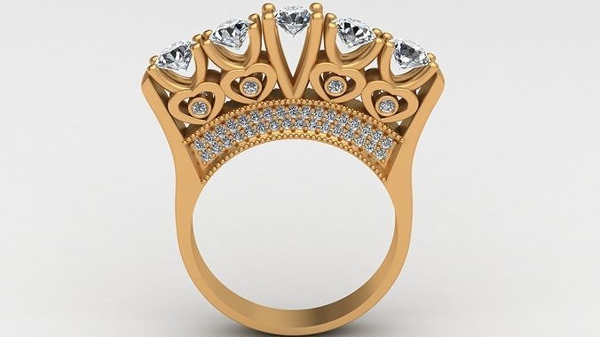 5 Stone Heart Style Engagement Diamond Gold Ring 3D print model