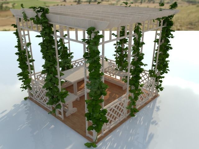 Pergola wooden with vines growing 3D model_7