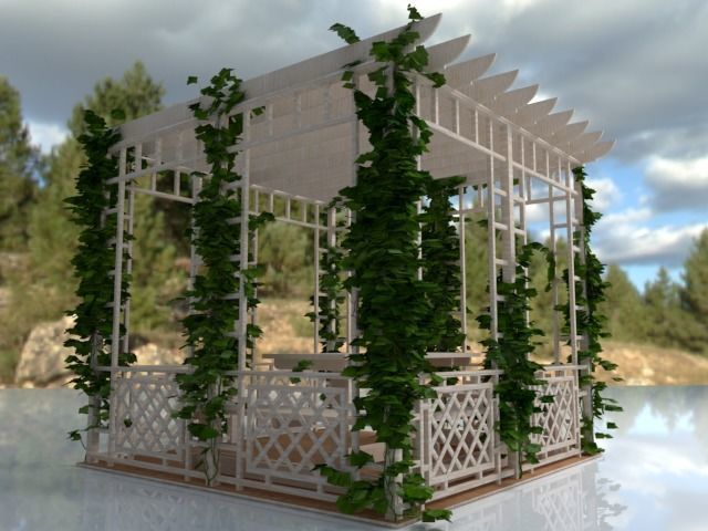 Pergola wooden with vines growing 3D model_5