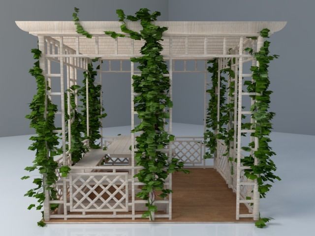 Pergola wooden with vines growing 3D model_1