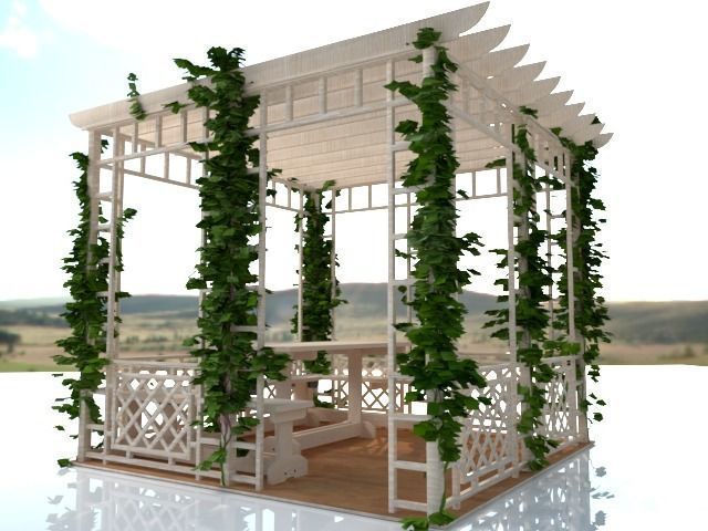 Pergola wooden with vines growing 3D model_6