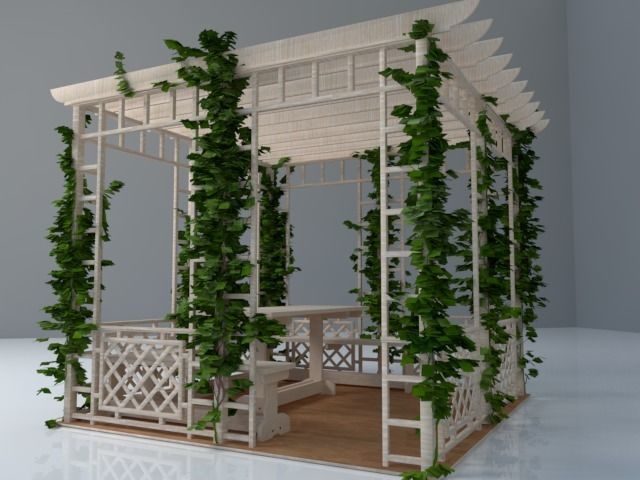 Pergola wooden with vines growing 3D model_4