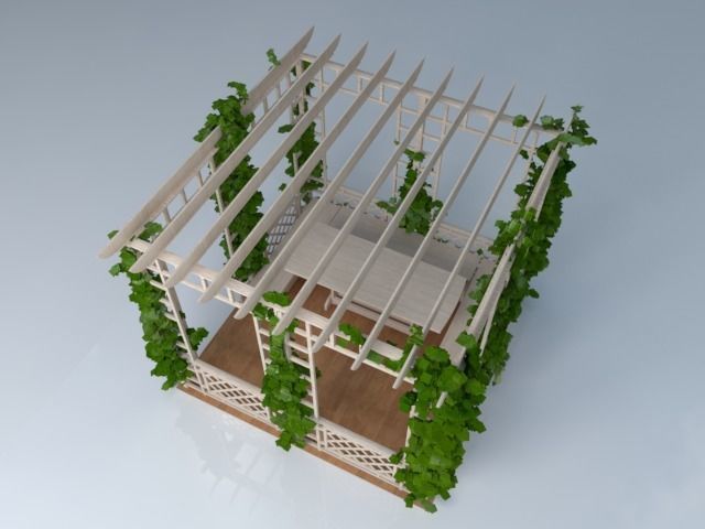 Pergola wooden with vines growing 3D model_2