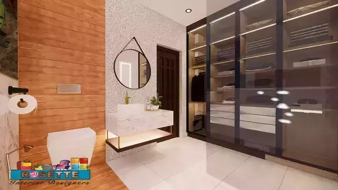 toilet modern bathroom with wooden cabinets and mirrors