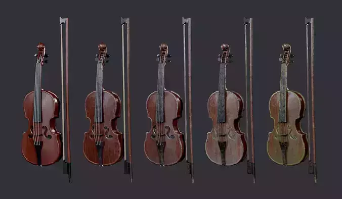 5 Violin Instrument Pack Game Ready Low-poly 3D model