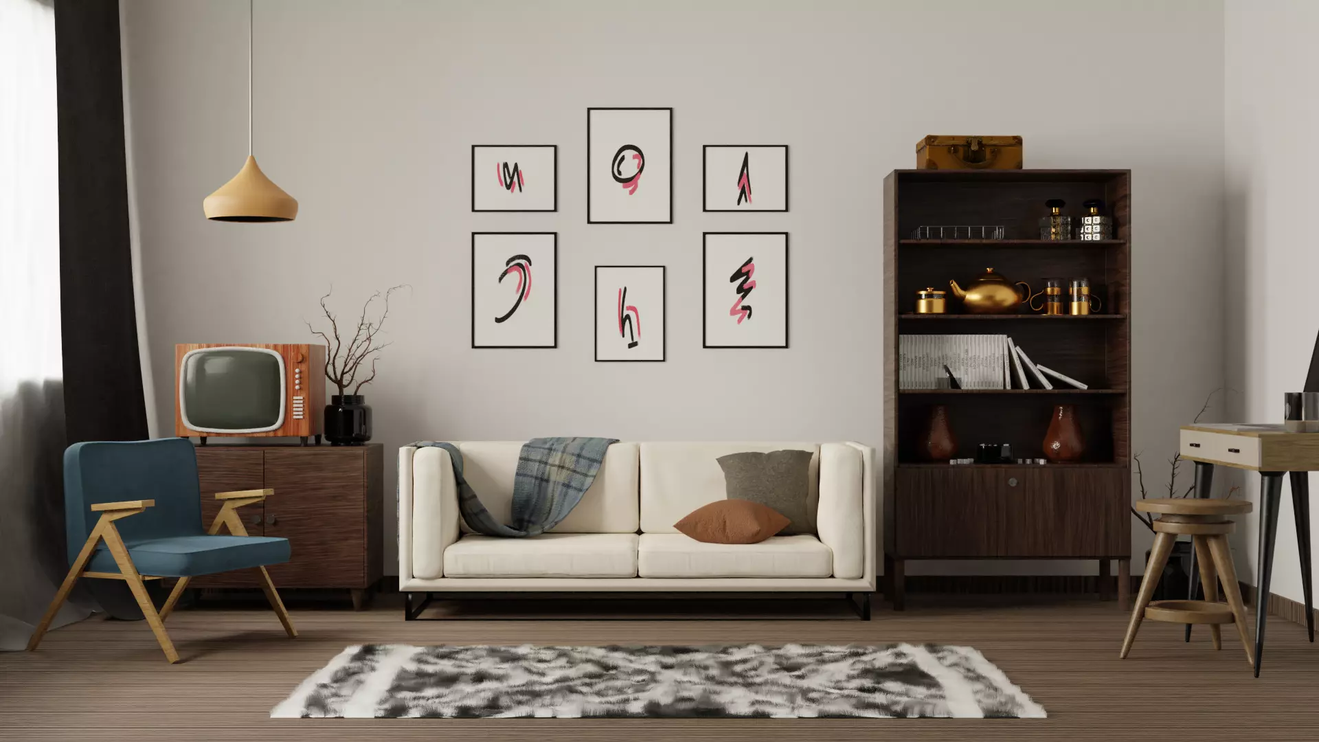 Furniture set desk and stool Low-poly 3D model