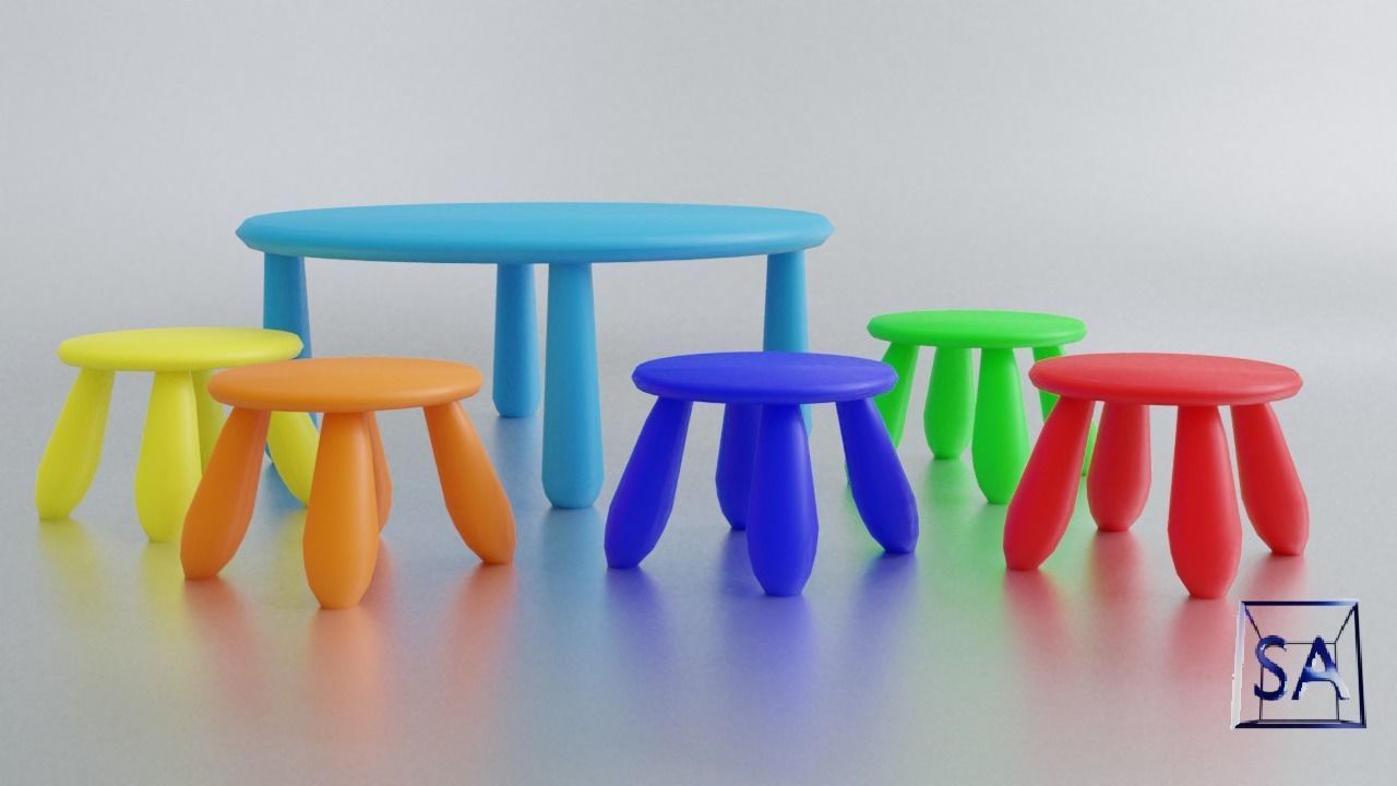 Round Table and Stools for Children Low-poly 3D model_9