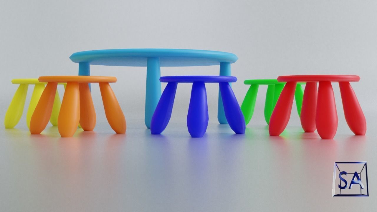 Round Table and Stools for Children Low-poly 3D model_16