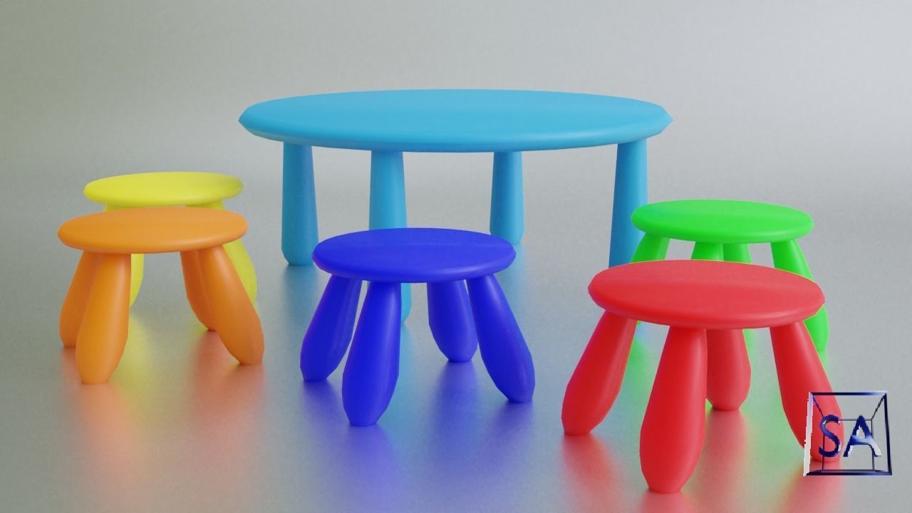 Round Table and Stools for Children Low-poly 3D model_1