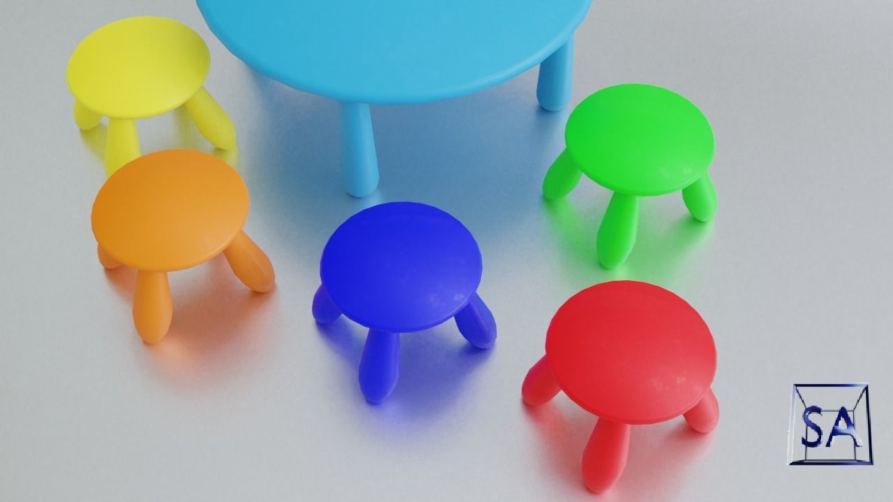 Round Table and Stools for Children Low-poly 3D model_20