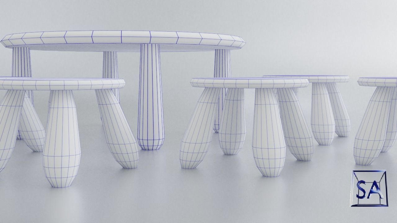 Round Table and Stools for Children Low-poly 3D model_41