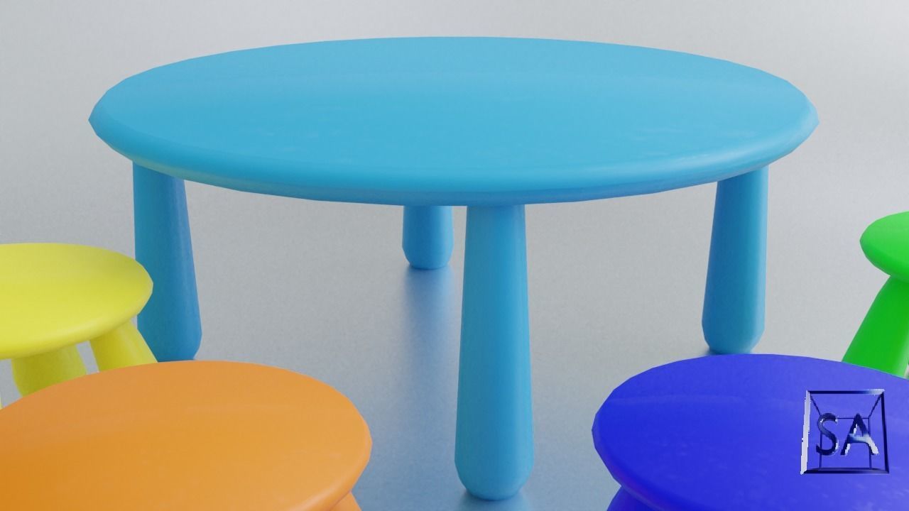Round Table and Stools for Children Low-poly 3D model_24