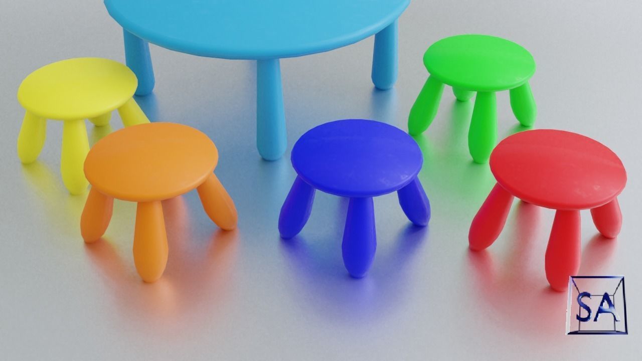 Round Table and Stools for Children Low-poly 3D model_19